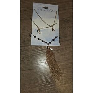 Inspired Life Gold Tone Layered Celestial Moon Star Tassel Necklace Set NEW‎